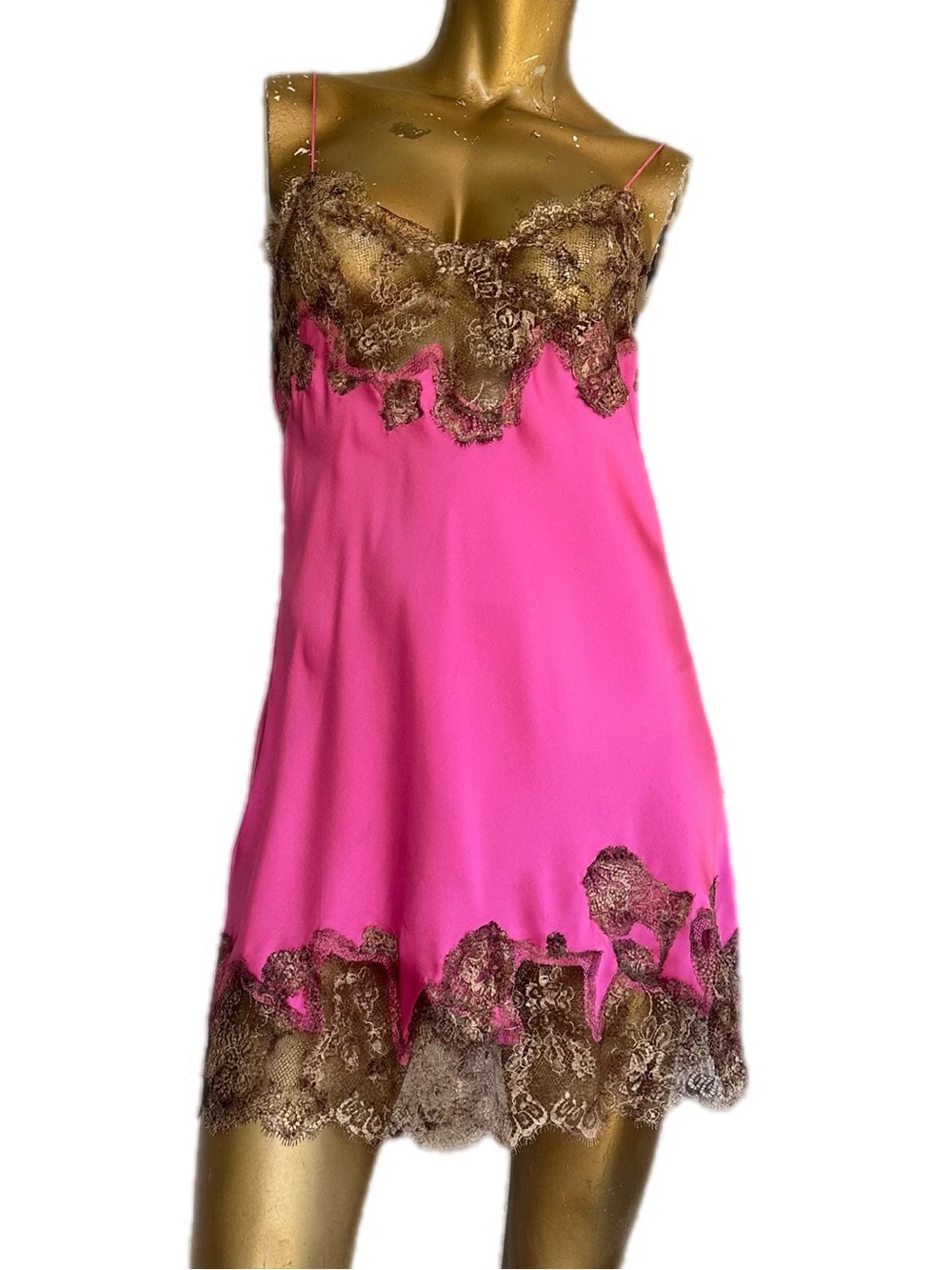 NWT Mary Green Pink Satin Stretch Silk Lace Trim Chemise Slip Dress Y2K Medium